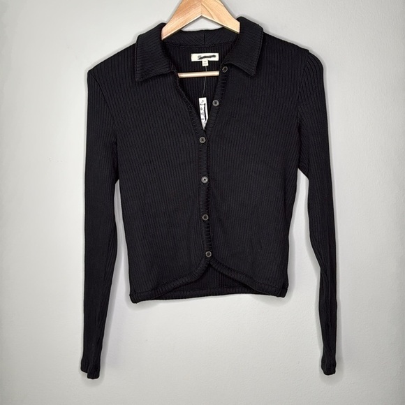 Madewell Curved Hem Polo Cardigan Ribbed Tee in True Black Size XS NWT - Picture 2 of 6